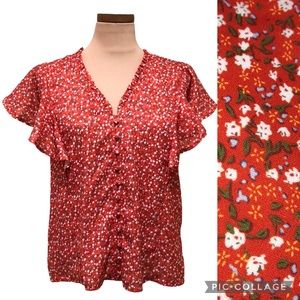 THML Flutter Sleeve Red Floral Button Up V-Neck Blouse Size Medium